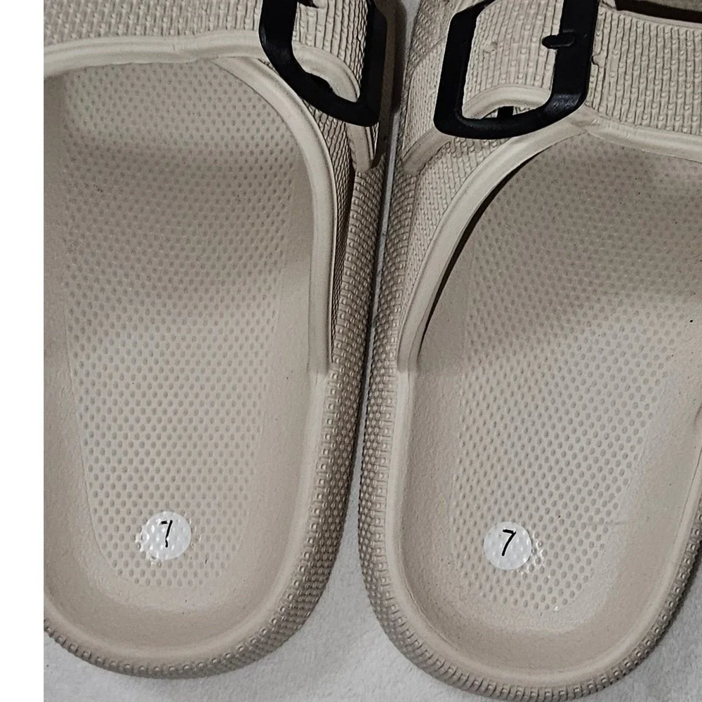 Beige Double Buckle Slide Sandals Womens Size 7 Mens 8 Comfort Foam Slides